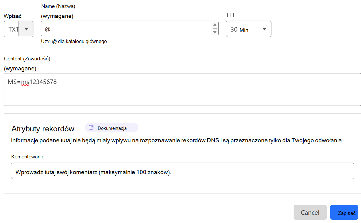 Zrzut ekranu przedstawiający miejsce, w którym wybrano pozycję Zapisz, aby dodać rekord TXT weryfikacji domeny.