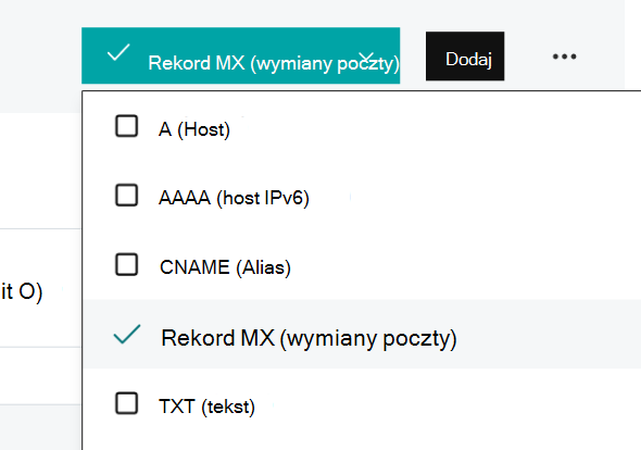 Menu rozwijane z wybranym rekordem MX.