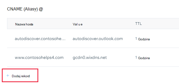 Zrzut ekranu przedstawiający miejsce, w którym wybierzesz pozycję Dodaj rekord, aby dodać rekord CNAME.