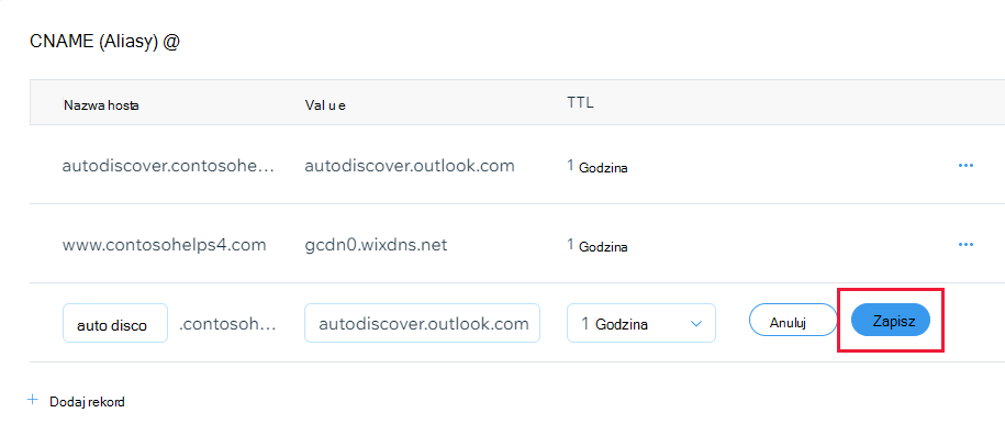 Zrzut ekranu przedstawiający miejsce, w którym wybrano pozycję Zapisz, aby dodać rekord CNAME.