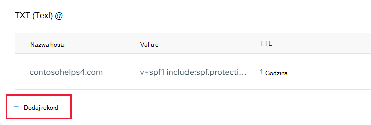 Zrzut ekranu przedstawiający miejsce, w którym wybrano pozycję Dodaj rekord, aby dodać rekord TXT weryfikacji domeny.