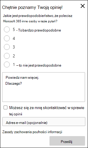 Zrzut ekranu: przykład prośby o opinię w produkcie 