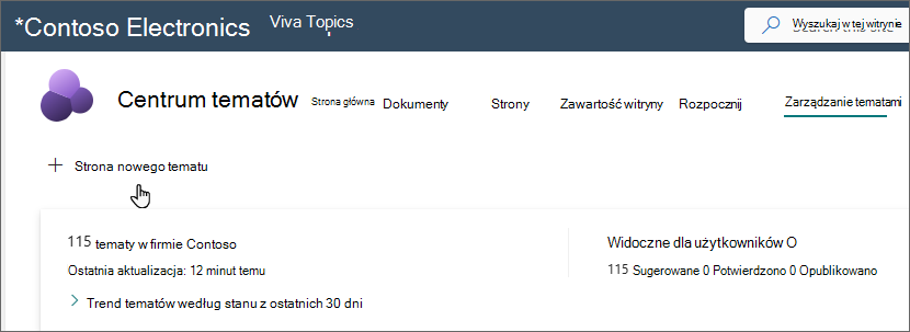 Zrzut ekranu przedstawiający stronę Zarządzanie tematami z wybraną stroną Nowy temat.