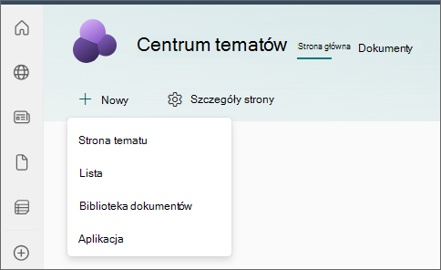 Zrzut ekranu przedstawiający stronę główną centrum tematów z wybraną pozycją Strona tematu w menu Nowy.