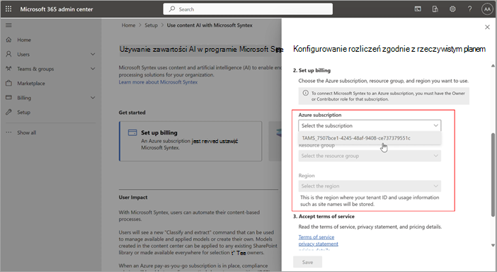 Zrzut ekranu przedstawiający panel konfigurowania rozliczeń z płatnością zgodnie z rzeczywistym użyciem z listą rozwijaną subskrypcji platformy Azure.