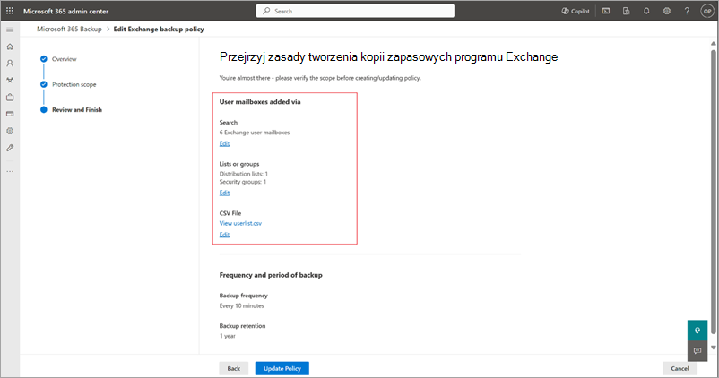 Zrzut ekranu przedstawiający stronę Przeglądanie zasad tworzenia kopii zapasowych programu Exchange.