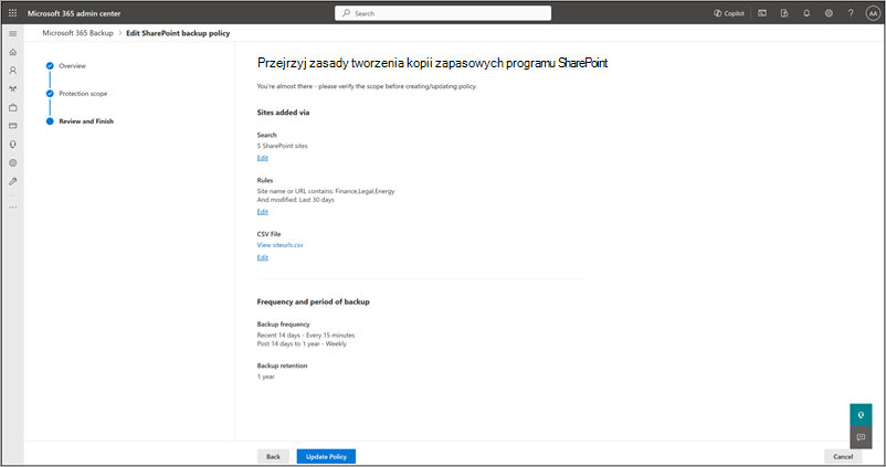 Zrzut ekranu przedstawiający stronę Przeglądanie zasad tworzenia kopii zapasowych programu SharePoint.