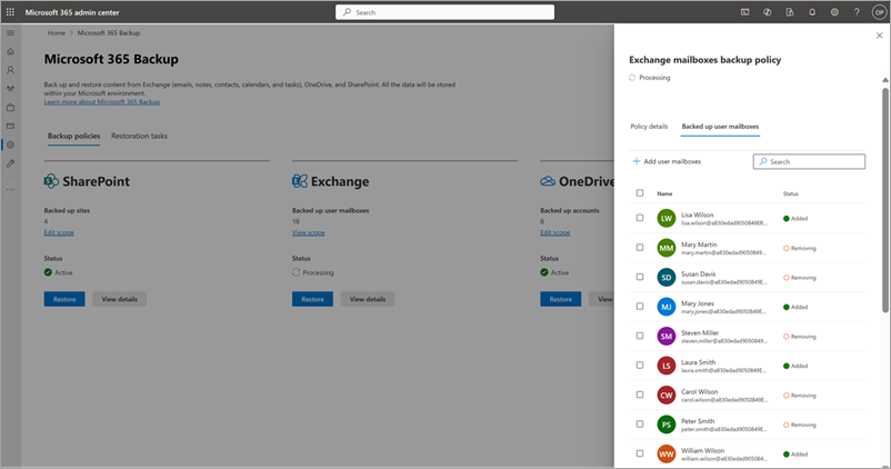 Zrzut ekranu przedstawiający zaktualizowany panel zasad tworzenia kopii zapasowych skrzynki pocztowej programu Exchange w Centrum administracyjne platformy Microsoft 365.