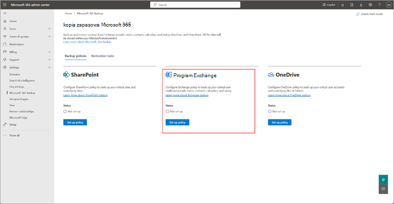 Zrzut ekranu przedstawiający stronę kopia zapasowa Microsoft 365 z wyróżnioną pozycją Exchange.