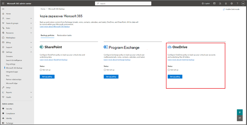 Zrzut ekranu przedstawiający stronę kopia zapasowa Microsoft 365 z wyróżnioną usługą OneDrive.