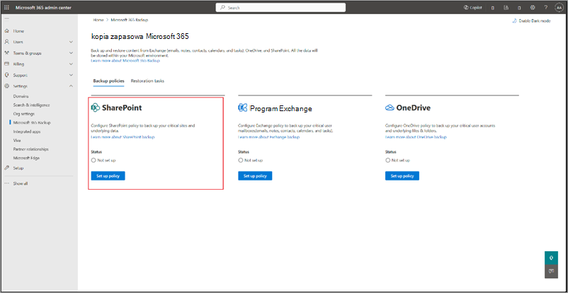 Zrzut ekranu przedstawiający stronę kopia zapasowa Microsoft 365 z wyróżnionym programem SharePoint.