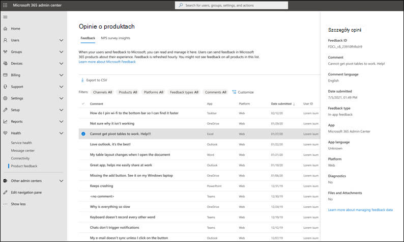 Opinie o produktach w Centrum administracyjnym platformy Microsoft 365