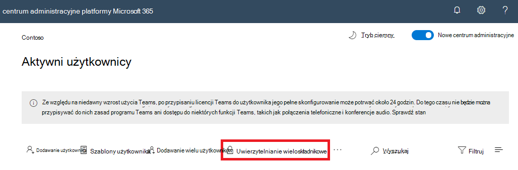 Obraz opcji Uwierzytelnianie wieloskładnikowe na stronie Aktywni użytkownicy.