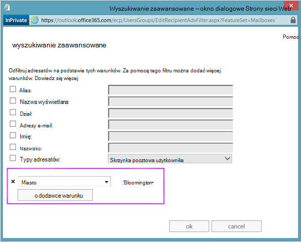 Przykład zaawansowanego wyszukiwania w Centrum administracyjne platformy Microsoft 365 listy skrzynek pocztowych dla wszystkich użytkowników mieszkających w mieście Bloomington.