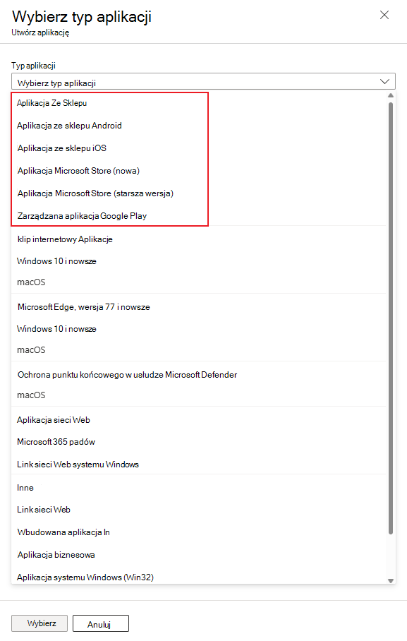 typy aplikacji Intune