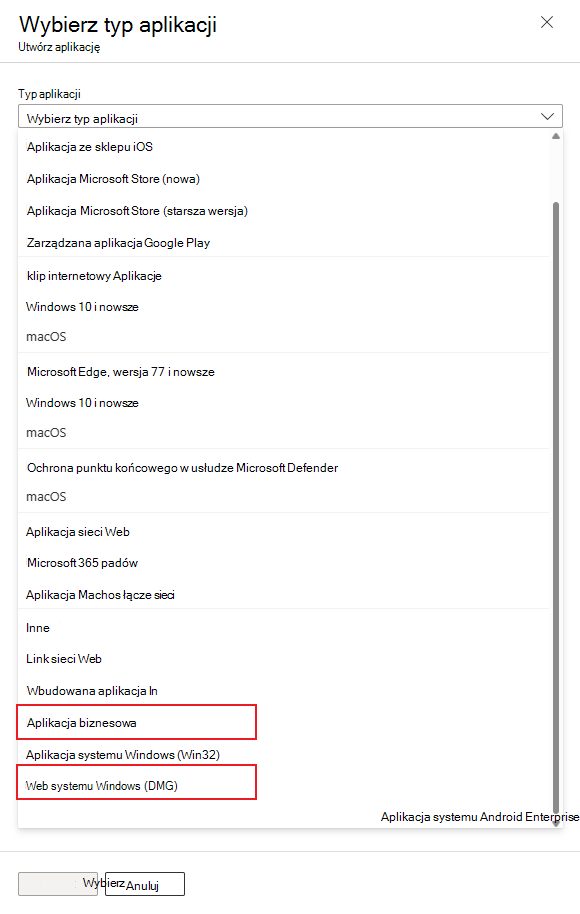 typy aplikacji Intune