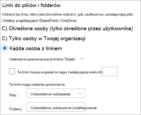 Zrzut ekranu przedstawiający ustawienia udostępniania plików i folderów na poziomie organizacji programu SharePoint.