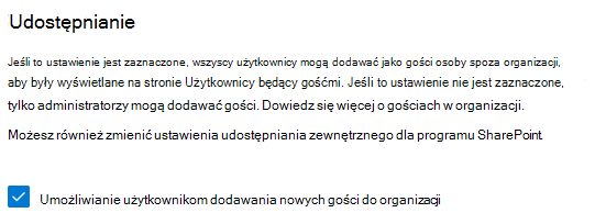 Zrzut ekranu przedstawiający ustawienie udostępniania gościa zabezpieczeń i prywatności w centrum administracyjnym platformy Microsoft 365.