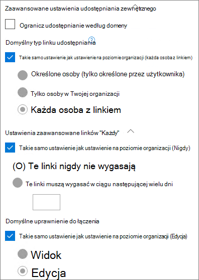 Zrzut ekranu przedstawiający ustawienia udostępniania linków na poziomie witryny programu SharePoint.