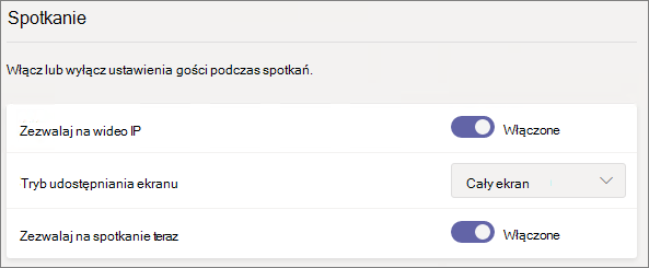 Zrzut ekranu przedstawiający ustawienia spotkania gościa usługi Teams.