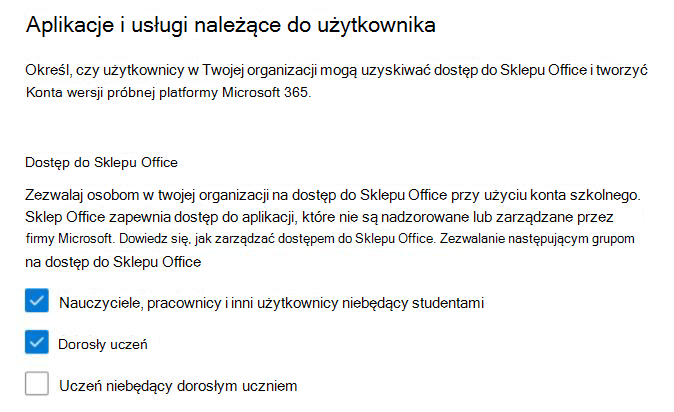 Zezwalaj użytkownikowi na dostęp do ustawień sklepu office dla EDU