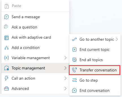 Zrzut ekranu przedstawiający wybór opcji Przeniesienie rozmowy.