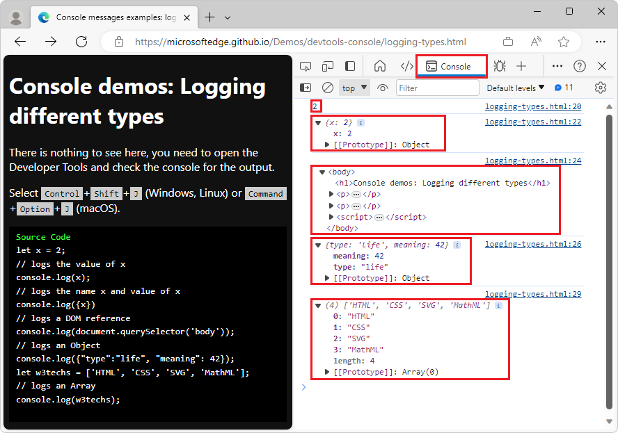 Log variables of different types in the console with expanded extra information