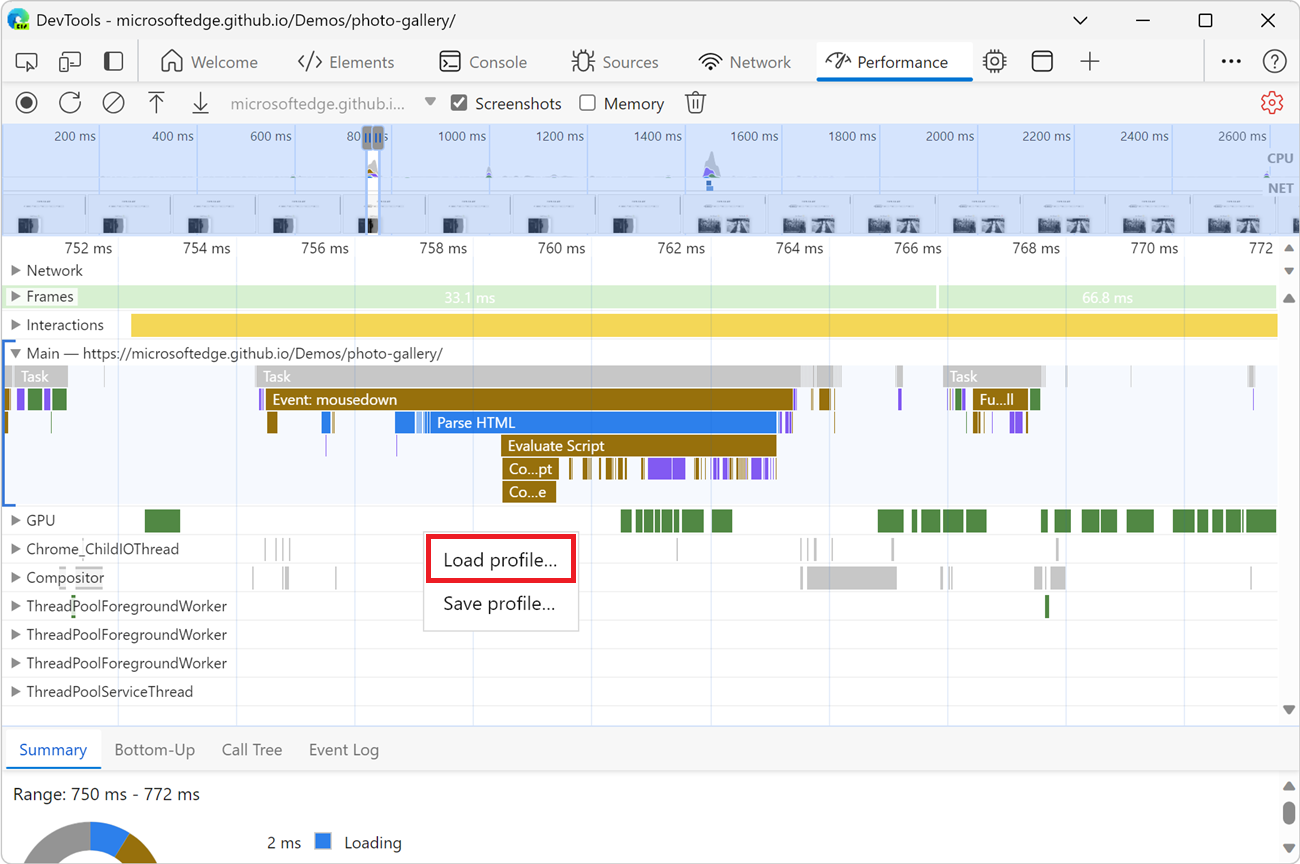 The 'Load profile' right-click menuitem