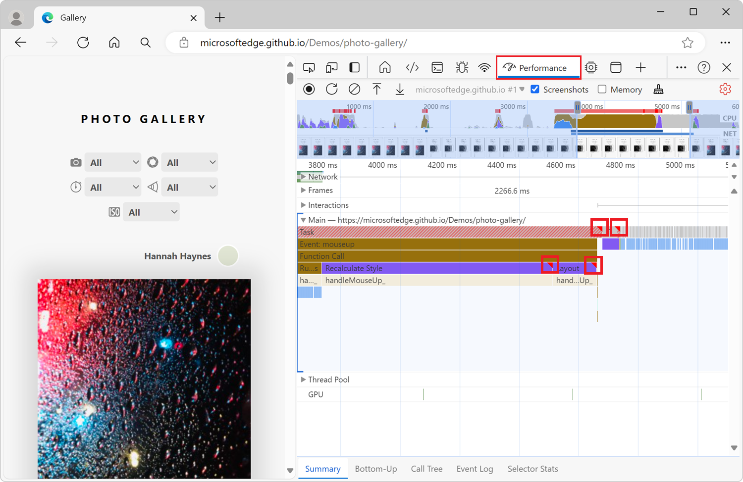 Long-Running Task indicators for events on the main thread with slow performance