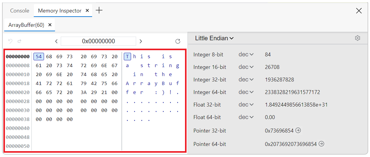 Memory Inspector panel Memory buffer