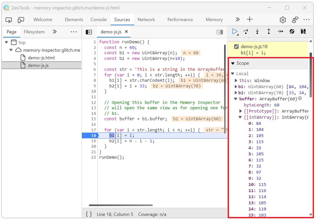 Sources tool scope panel provides limited ability to inspect memory