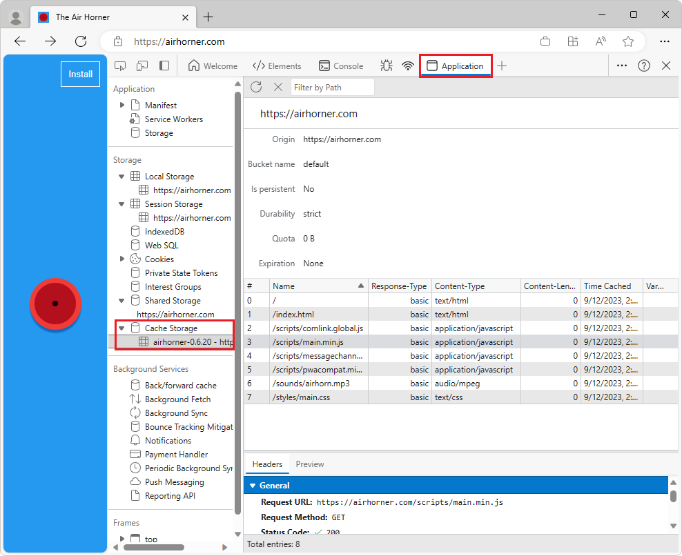 The Cache Storage Pane