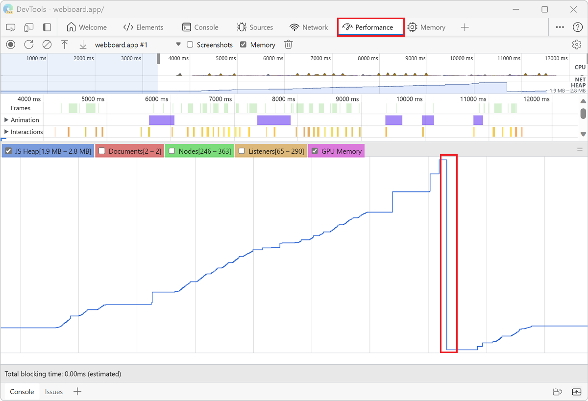 GC operation shown in the Performance tool