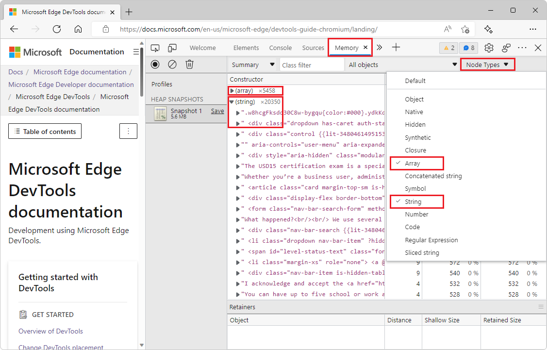 Node Types in a heap snapshot in the Memory tool