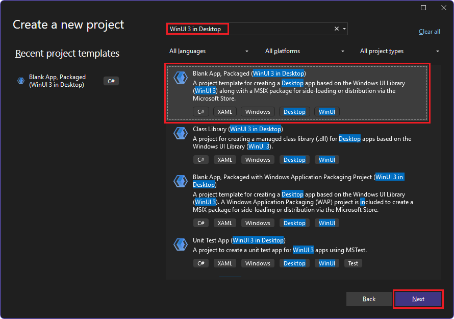 Searching on "WinUI 3 in Desktop" to create a new project
