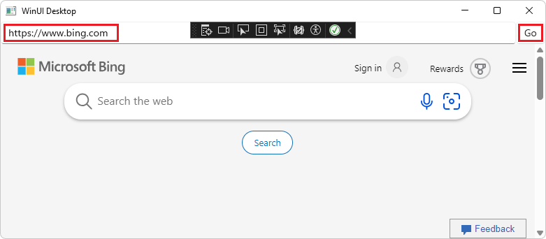 The app, after navigating to the Bing HTTPS address