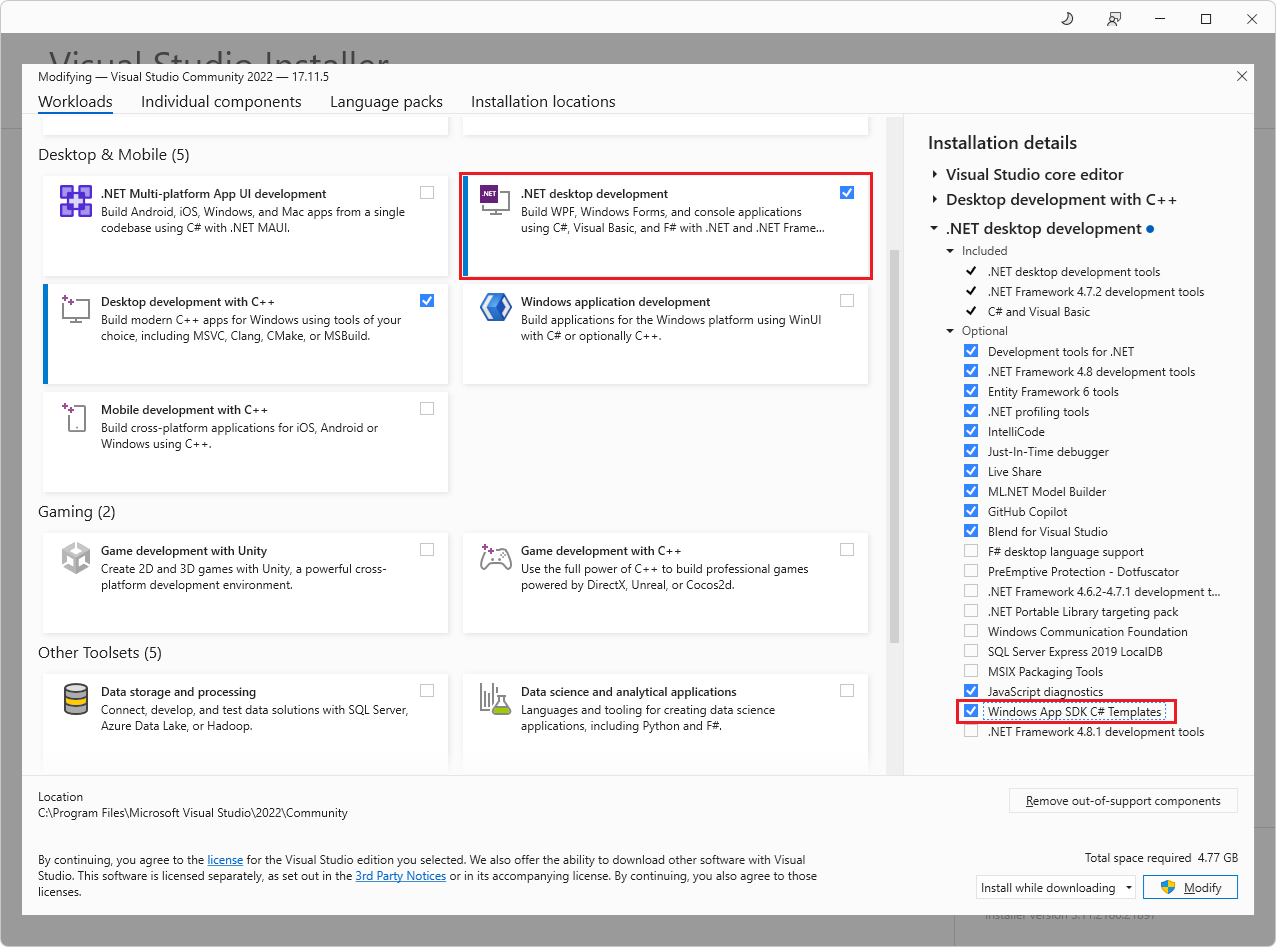 "Windows App SDK C# Templates" component checkbox of ".NET desktop development" workload in Visual Studio Installer