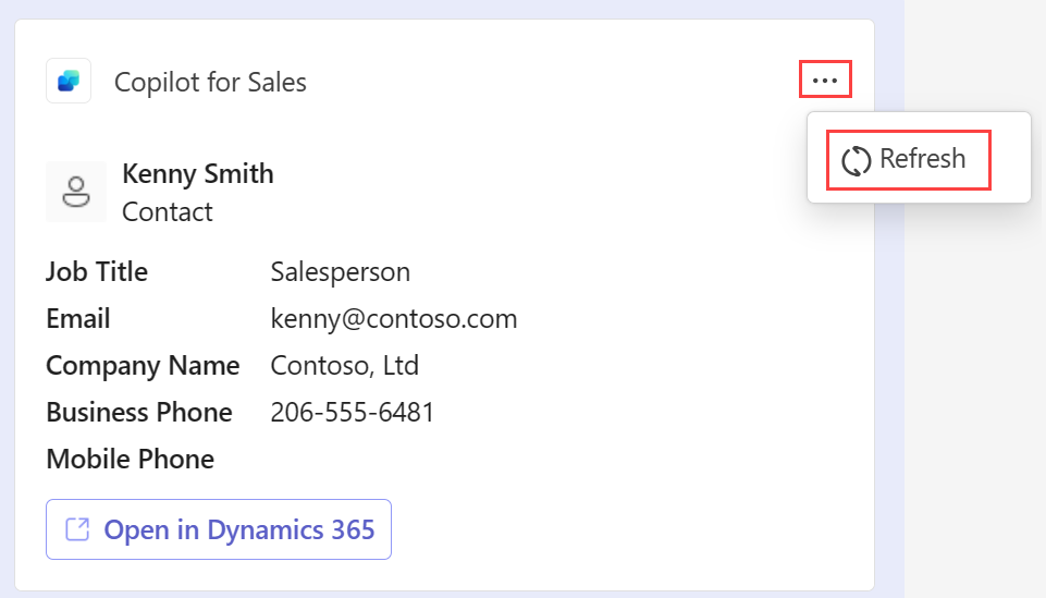 Zrzut ekranu przedstawiający, jak odświeżyć kartę kontaktów w Copilot dla działów sprzedaży.