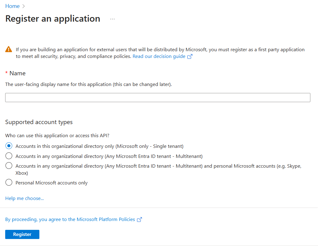 Screenshot shows you the app registration page on Microsoft Entra admin center.