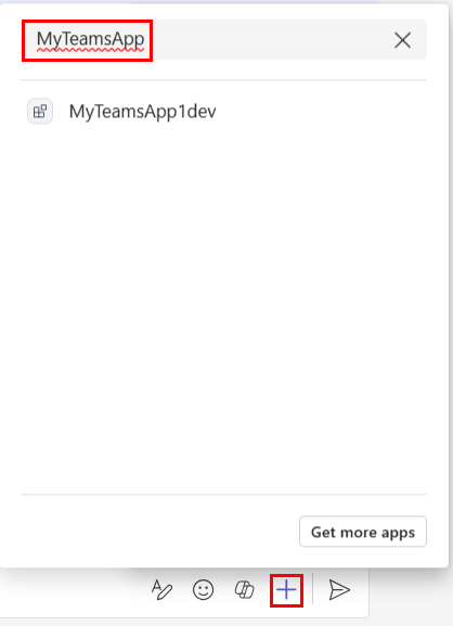 Screenshot shows an example of message extension flyout menu invoked from the Plus icon and MyTeamsApp entered in the search filed. The app is displayed in the search results.