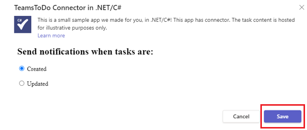 Screenshot of TeamsTodo Connector in .NET/C# with Save option highlighted in red.