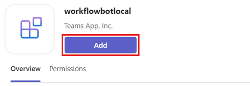 Screenshot of the app details dialog to add your workflow bot app.