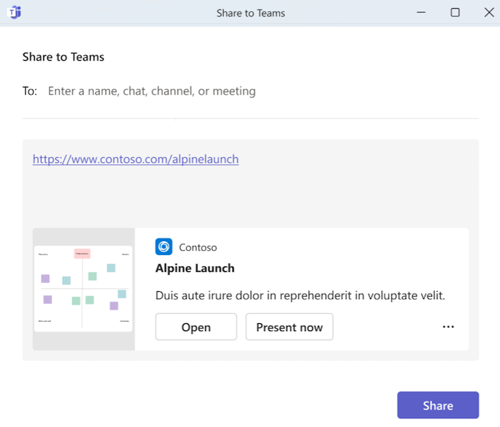 Screenshot shows the Share to Teams dialog to add chat or channel name.