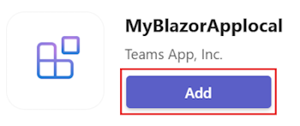 Screenshot shows the option to add your blazor app to a team.