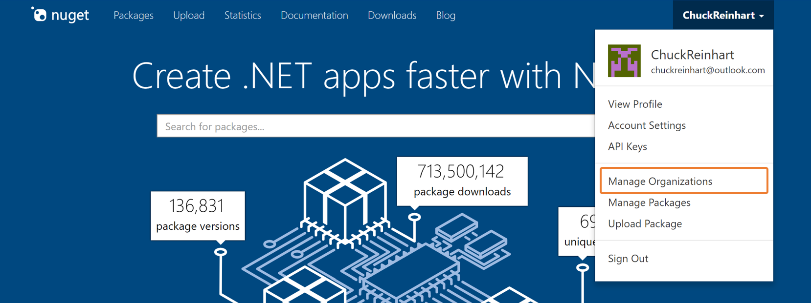 Opcja menu w NuGet.org dla organizacji menedżera