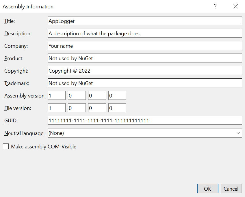 Screenshot showing the Assembly Information page in a .NET Framework project in Visual Studio.