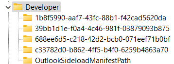 The Windows registry for the key named Computer\HKEY_CURRENT_USER\Software\Microsoft\Office\16.0\WEF\Developer expanded to show subkeys.