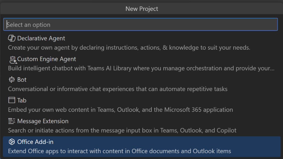 The options in New Project dropdown menu. The last option is called 'Office Add-in'.