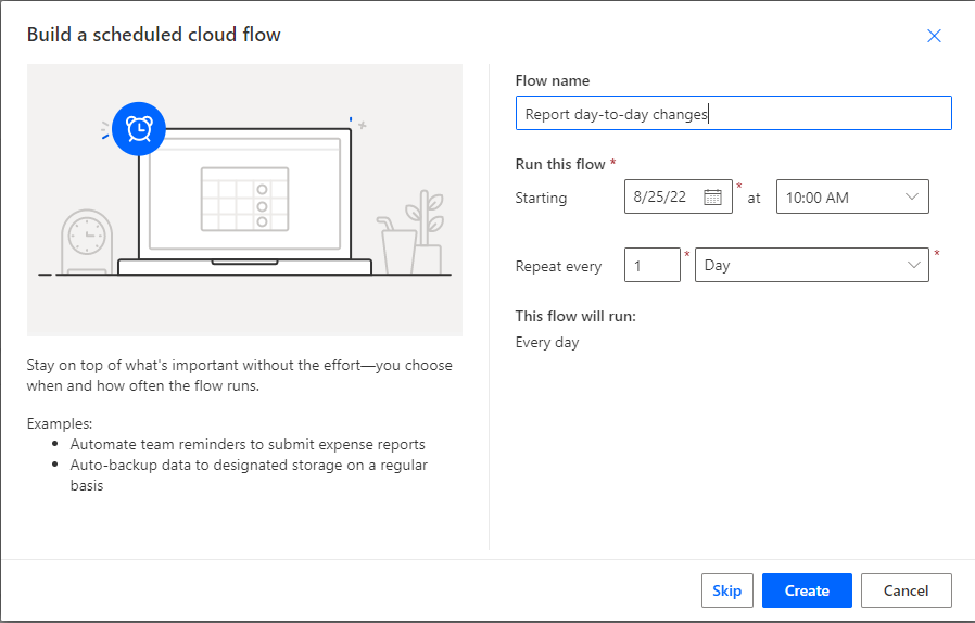 The flow creation step showing it will repeat every day.