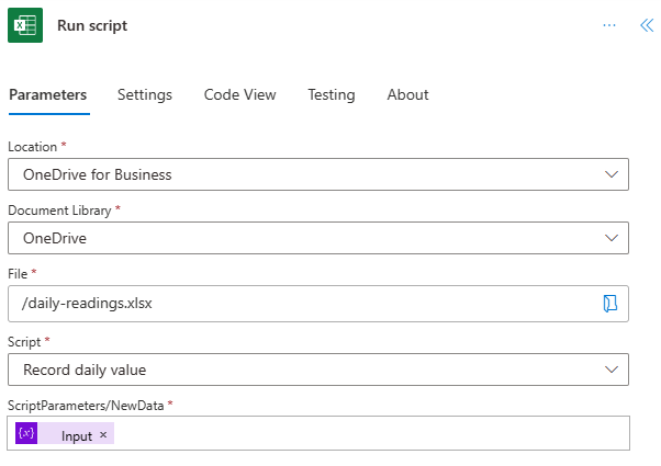 The Run script action with the given values.